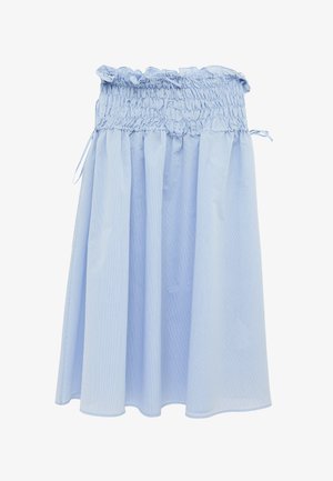 Jupe bleu clair à fines rayures verticales blanches, taille élastique smockée et détails noués sur les côtés.