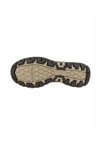 Suela de goma negra con un patrón de textura y tracción multidireccional; la entresuela marrón presenta la marca debajo. Diseño duradero y robusto.