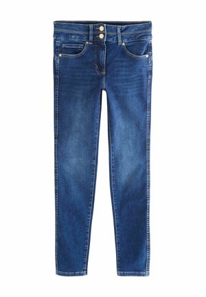 Mörkblå jeans i denim, med en figurnära design, två framfickor, två knappar i midjan och subtila blekningar över hela plagget.