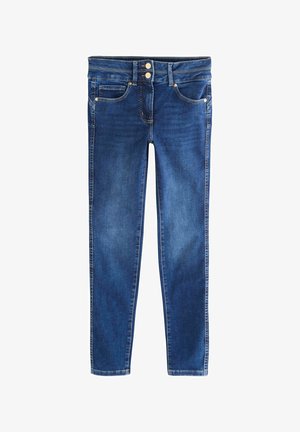 Tumed sinised teksad, mis on valmistatud denimist, kitsas disain, kaks esikotti, kaks nupuvajutust vööl ja kerge pleekimise efekt kogu ulatuses.