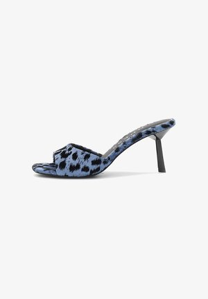 Blue leopard print heeled sandals with a textured fabric upper, open toe, and a slim black stiletto heel. Features a low-cut design.