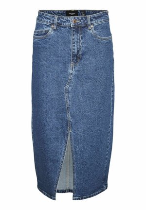 Denim midi-nederdel i medium blå, med en frontslids, fem lommer og bæltestropper, samt en klassisk falmet vasket overflade.