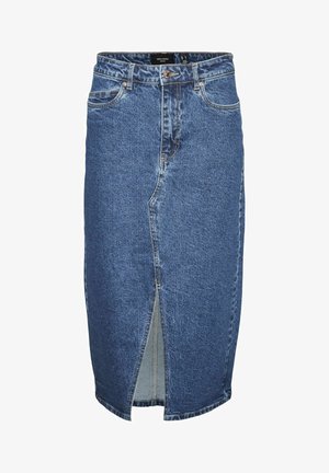 Gonna midi in denim di blu medio, con uno spacco frontale, design a cinque tasche e passanti per cintura, con una classica texture in jeans sbiaditi.