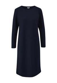 Robe trapèze bleu marine à manches longues, en tissu texturé avec un col rond, longueur genou avec ourlet légèrement courbé.