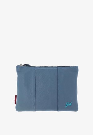 Borsa in pelle blu con una superficie liscia, dotata di chiusura con zip, accenti di cuciture verticali e un piccolo logo turchese sul davanti.