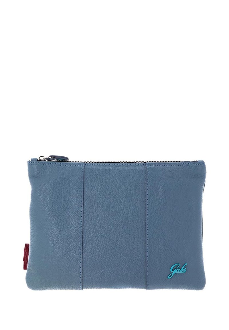 Borsa in pelle blu con una superficie liscia, dotata di chiusura con zip, accenti di cuciture verticali e un piccolo logo turchese sul davanti.