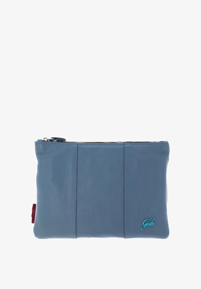 Borsa in pelle blu con una superficie liscia, dotata di chiusura con zip, accenti di cuciture verticali e un piccolo logo turchese sul davanti.