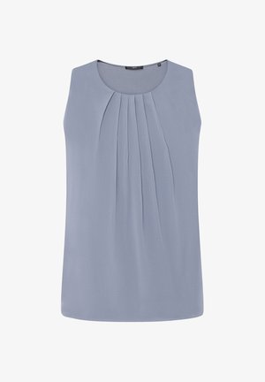 Sleeveless light blue blouse with a round neckline and front pleats, displayed against a white background.