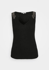 Svart ärmlös topp med V-ringning. Har dekorativ snuggning på axlarna. Tillverkad av ett lätt, texturerat tyg.