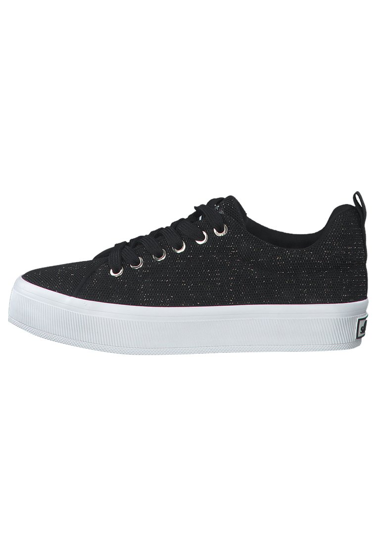 Black canvas sneakers with a textured finish, white rubber sole, silver eyelets, and black laces; features a pull tab on the heel.