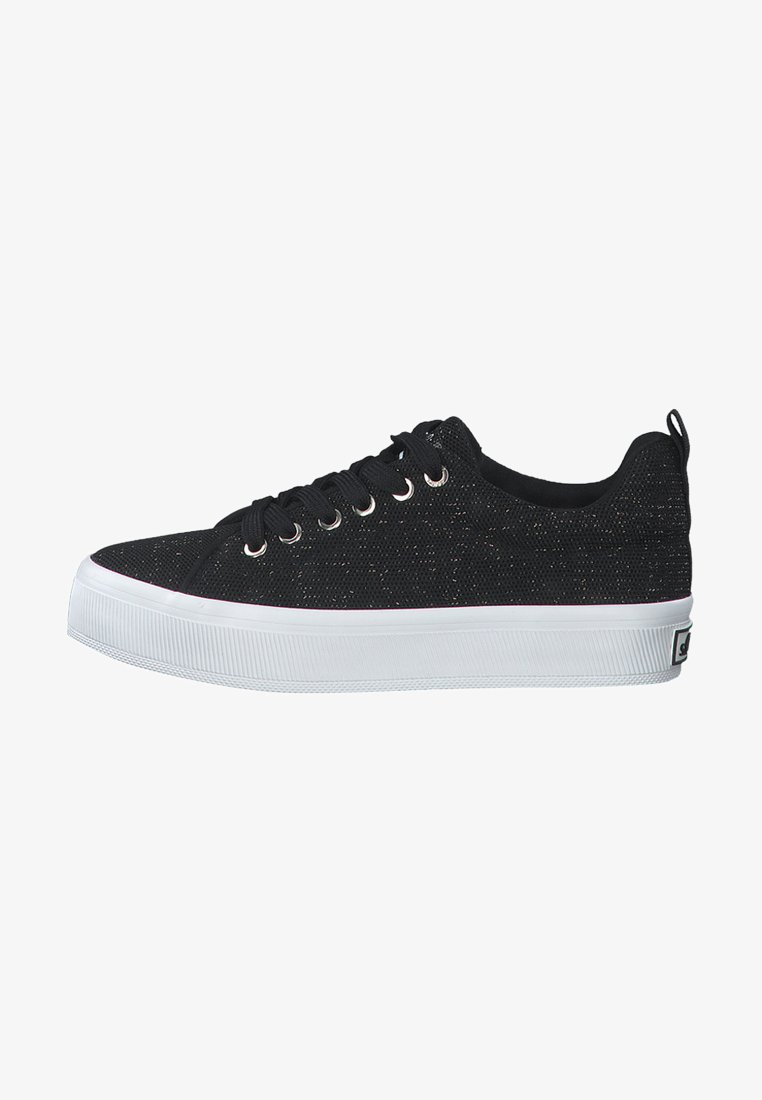 Black canvas sneakers with a textured finish, white rubber sole, silver eyelets, and black laces; features a pull tab on the heel.