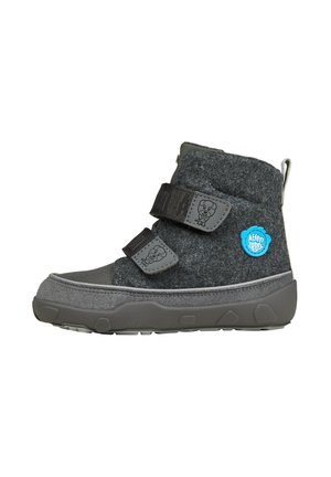 Children’s dark gray high-top boot with two black Velcro straps, textured sole, and blue circular logo on the side.