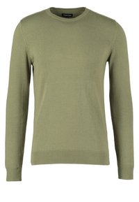 Grüner Strickpullover mit rundem Ausschnitt, langen Ärmeln, gerippten Bündchen und Saum. Glatte Textur, leichtes Material, schlichtes Design.