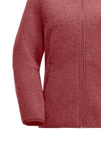 Fleece jacket in rose hue with a textured, fuzzy surface. Features a front zipper and fitted cuffs. Material appears soft and warm.
