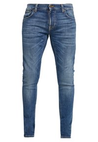 Smal passform jeans tillverkade av blå denim, med en femficksdesign, bälteöglor och en dragkedja med knappstängning.