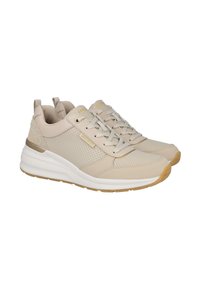 Zapatillas deportivas beige con parte superior sintética perforada, mediasuela blanca y suela de goma marrón claro. Presenta cordones y acentos de logotipo.