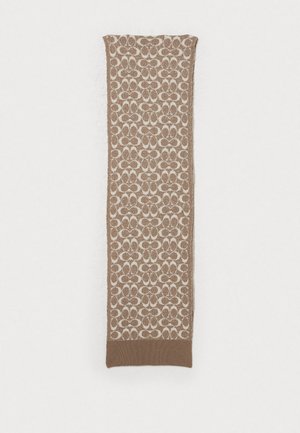 Ruda raštuota šalikas su pasikartojančiu geometriniu dizainu ir tekstūruotu paviršiumi. Kraštai yra tvirti rudi. Ilgas stačiakampis formos.