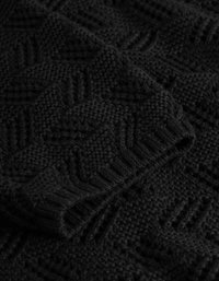 Fekete kötött anyag, texturált geometrikus mintával, kiemelkedő részletekkel és bordás szélekkel. Vastag fonal kellemes megjelenést kölcsönöz.