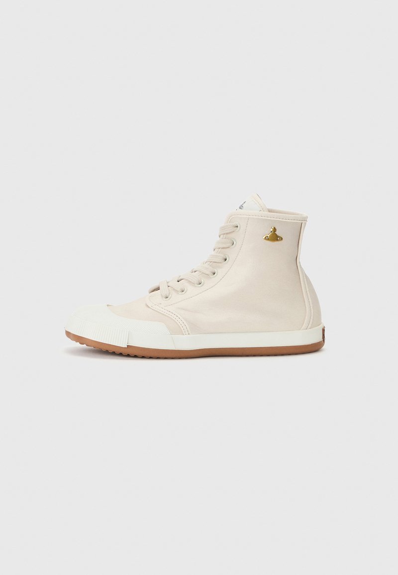 High-top sneakers with a cream canvas upper, white rubber toe cap, brown rubber sole, and gold accent logo. Classic lace-up design.