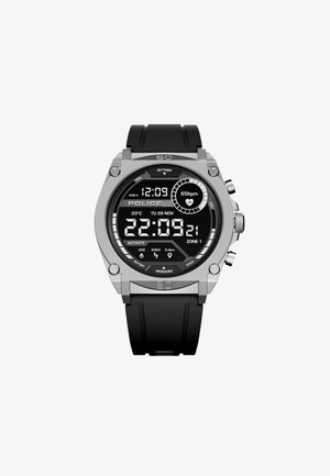 Digitale smartwatch met een roestvrijstalen kast, een zwart siliconen bandje en een zwart digitaal display waarop de tijd, hartslag en activiteitsgegevens worden weergegeven.