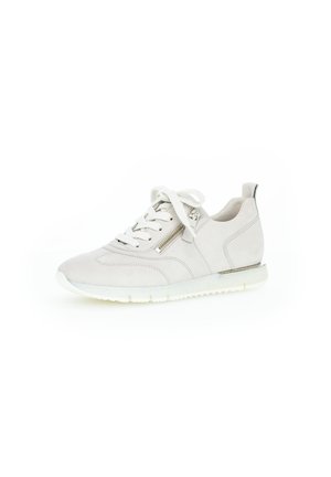 Light grey suede sneaker with a low profile, round toe, lace-up front, side zipper detail, and a white rubber sole.