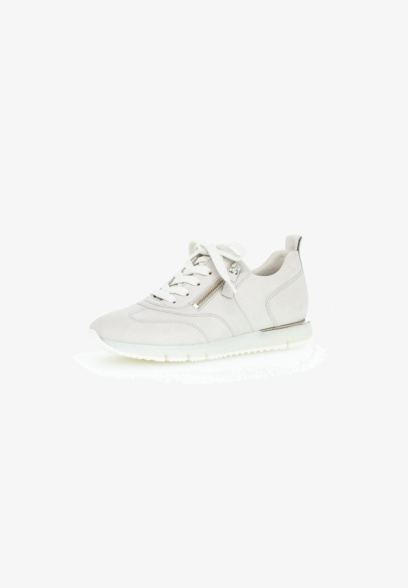 Light grey suede sneaker with a low profile, round toe, lace-up front, side zipper detail, and a white rubber sole.