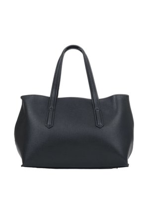 Czarna teksturowana torba skórzana typu tote z dwoma długimi uchwytami i lekko zakrzywioną górną krawędzią.