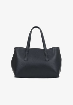 Zwarte leren draagtas met textuur, voorzien van twee lange hengsels en een licht gebogen bovenrand.