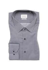 Camicia da uomo slim fit con piccolo motivo geometrico in tonalità di blu e bianco, dotata di bottoni neri e colletto classico.