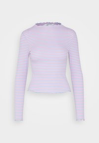 Bluzka z długim rękawem w pastelowe różowo-niebieskie paski, wykonana z prążkowanej tkaniny. Posiada karbowany dekolt i dół oraz dopasowany krój.