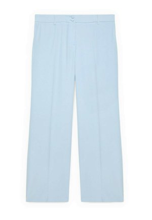 Hellblaue, maßgeschneiderte Hose mit geradem Bein, Gürtelschlaufen und doppeltem Knopfverschluss an der Taille.