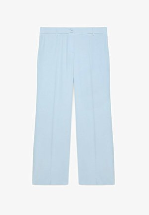 Pantaloni albăstriți croiţi la comandă, cu croială dreaptă a piciorului, cu bucle pentru curea și închidere dublă cu nasturi în talie.