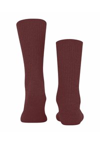 Chaussettes côtelées bordeaux, de longueur genou, présentant un motif de tricot texturé avec des zones renforcées au niveau du talon et des orteils pour plus de durabilité.