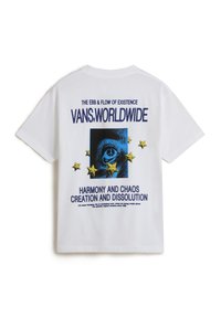 White cotton T-shirt featuring a blue graphic with yellow stars and text, "THE EBB & FLOW OF EXISTENCE VANS.WORLDWIDE" in bold letters.