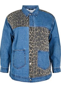 Džínová bunda s panelem s leopardím potiskem na jedné straně, klasickým límečkem, zapínáním na knoflíky vpředu a dvěma předními kapsami. Modrá barva a texturovaná tkanina.