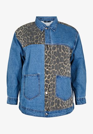 Denim jacket featuring a leopard print panel on one side, classic collar, front button closure, and two front pockets. Blue color and textured fabric.