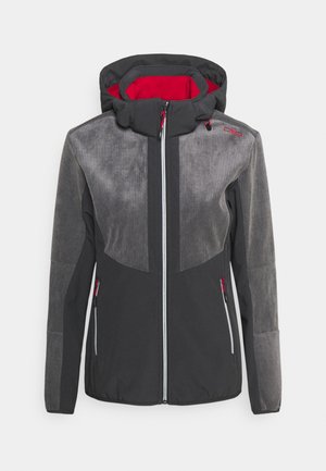 Veste à capuche grise et noire avec fermeture éclair intégrale à l'avant, tirettes de fermeture rouges, et tissu texturé type polaire sur le haut du corps et les manches.