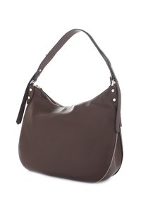 Borsa a tracolla in pelle marrone con finitura texturizzata, chiusura con zip e dettagli in hardware dorato. Presenta una tracolla ampia e regolabile.