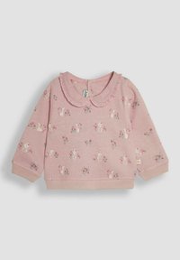 Haut à manches longues rose avec un col, arborant un motif floral et animal. Confectionné dans un tissu doux avec des poignets et un ourlet côtelés.
