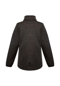 Pullover in pile scuro con colletto alto, maniche lunghe e orlo arrotondato, caratterizzato da sottili variazioni tonali di colore.