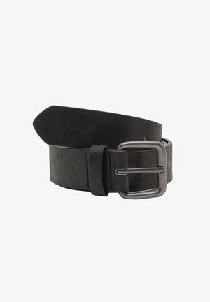 Black leather belt with a textured finish, featuring a silver-toned metal buckle. The end is tapered, enhancing its sleek design.