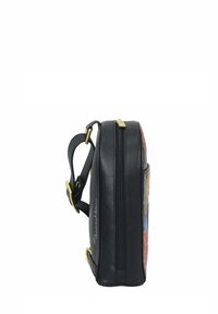 Zwarte leren tas met een zijrits, versierd met kleurrijke bloemenaccents. Gestructureerd oppervlak met goudkleurige hardware en een verstelbare schouderband.