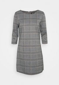 Kostkované šaty s rukávy tři čtvrtě, vyrobené z měkké látky; mají kulatý výstřih a jemný detail se zipem na zádech.