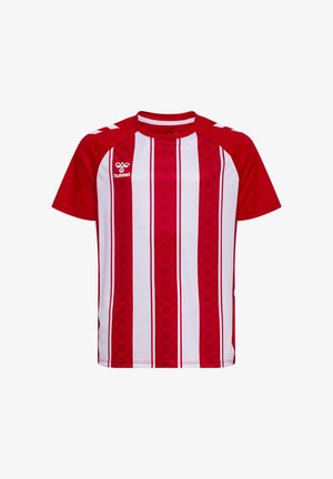 Rotes und weißes, vertikal gestreiftes Sportshirt mit kurzen Ärmeln, Hummel-Logo auf der linken Brust und weißen Chevron-Mustern auf roten Schultern.
