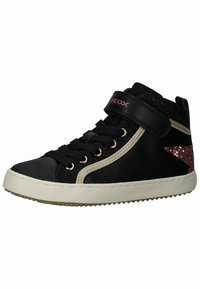 Černé vysoké tenisky s lesklým svrškem, třpytivými akcenty, béžovými detaily a suchým zipem. Texturovaná gumová podrážka pro lepší přilnavost.