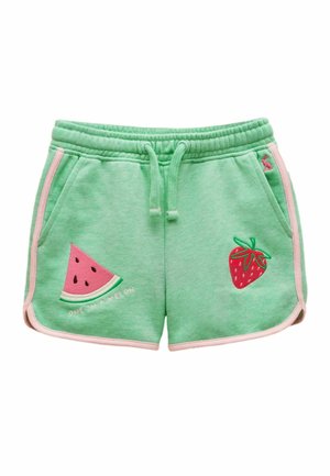 Zielone szorty z różowym obszyciem, przednimi kieszeniami, talią ze sznurkiem, haftem plasterka arbuza z napisem "One in a melon" oraz haftem truskawki.