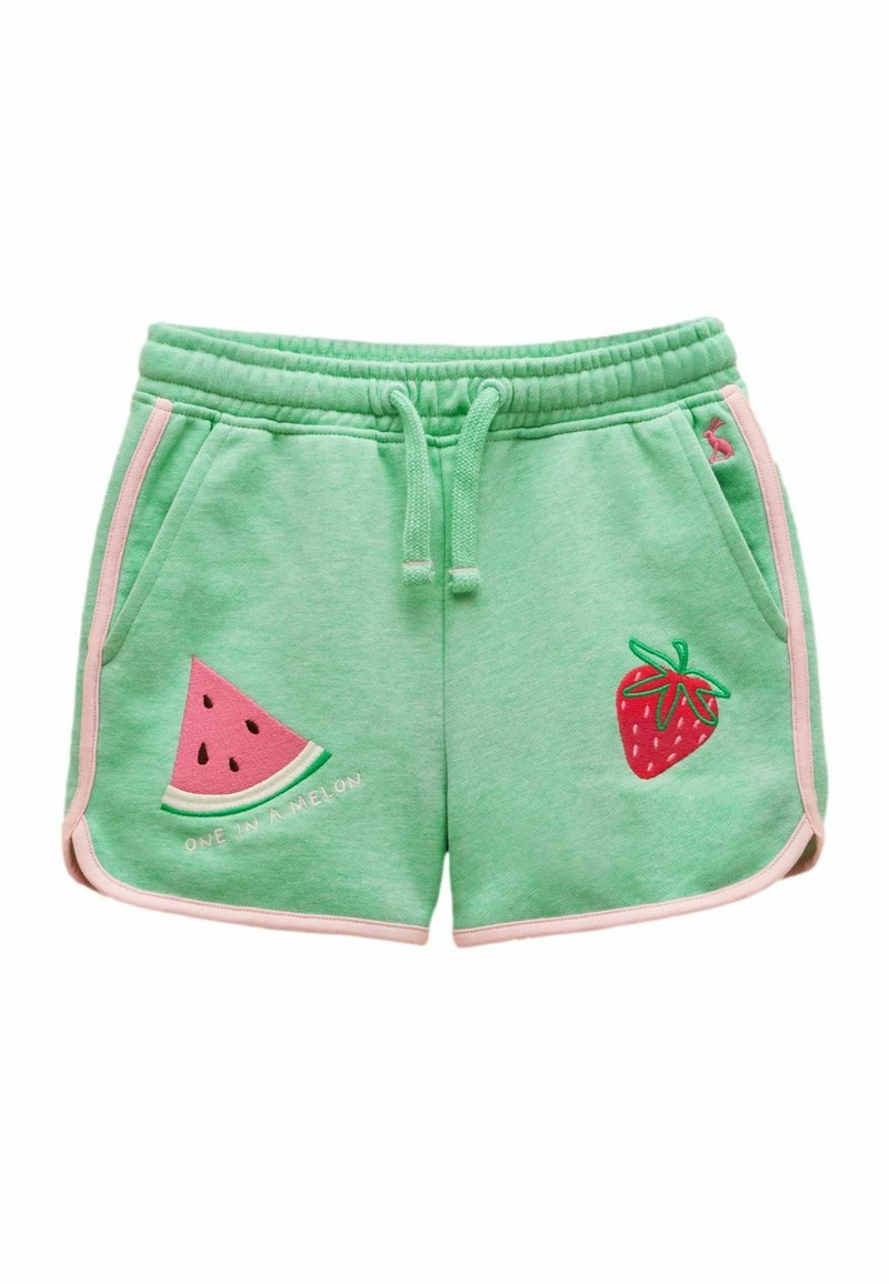 Rohelised lühikesed püksid roosa äärisega, esitaskud, paelaga talje, arbuusitüki tikand tekstiga "One in a melon" ning maasikatikand.