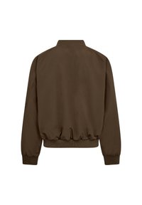 Braune Bomberjacke mit geripptem Kragen, Bündchen und Bund, von hinten auf weißem Hintergrund gezeigt.