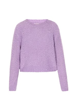 Lila, kurzgeschnittenes Sweatshirt mit langen Ärmeln. Hergestellt aus weichem, strukturiertem Material. Verfügt über einen Rundhalsausschnitt und eine leicht lockere Passform.