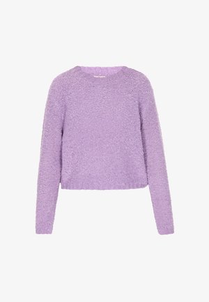 Lilla, cropped sweater med lange ærmer. Lavet af blødt, struktureret materiale. Har en rund halsudskæring og en let løs pasform.